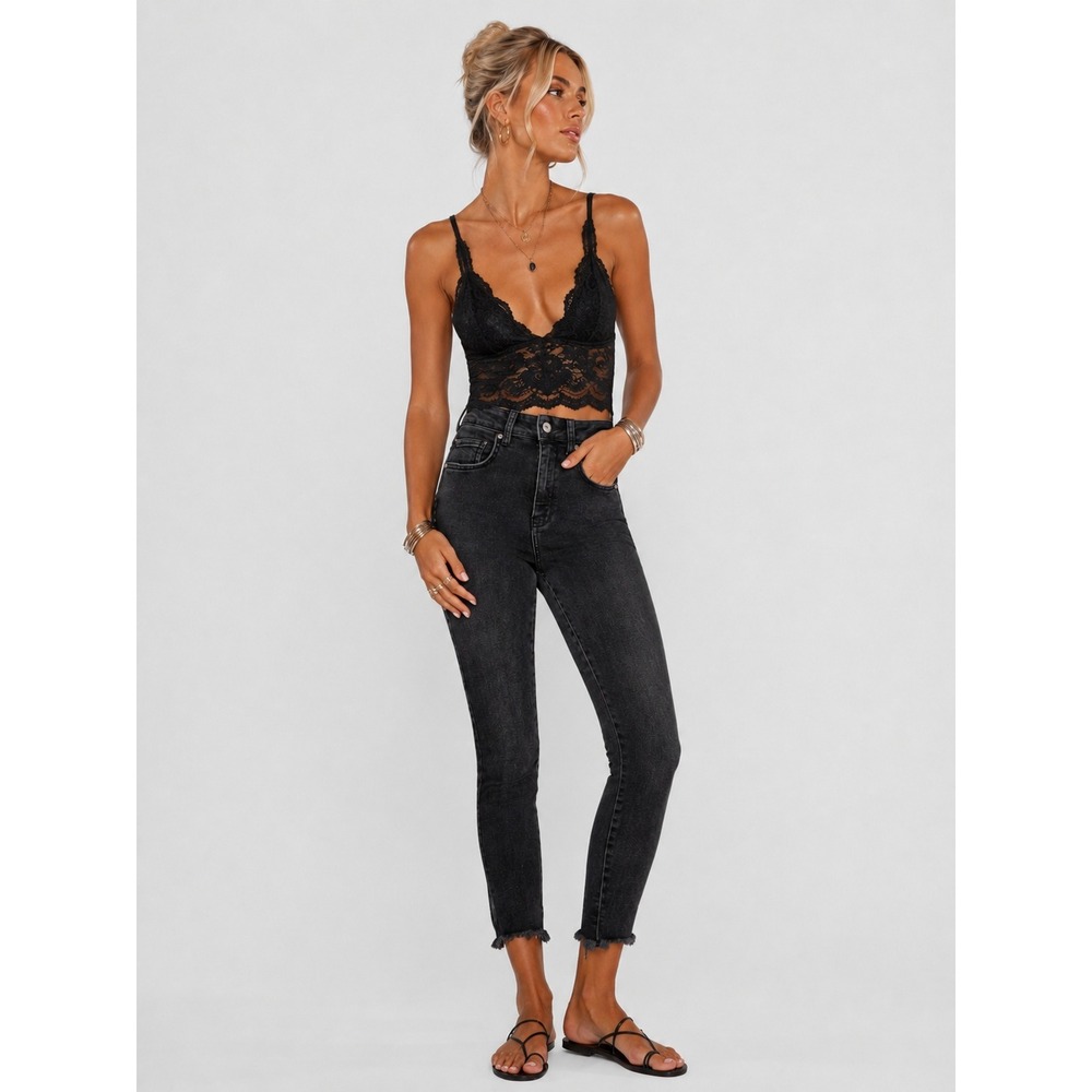 We The Free People Faded Distressed Black High Rise Raw Hem Skinny Jeans 27